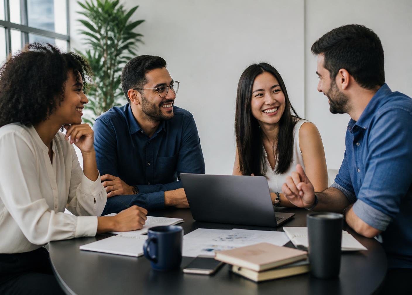 Equipe diversa de profissionais em conversa de trabalho